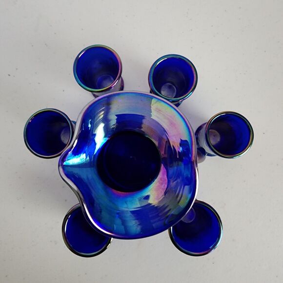 Vintage Gibson Carnival Glass Pitcher Glass Set Miniature Blue Irridecent 1996 - Picture 4 of 12